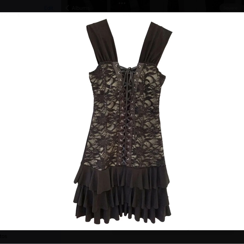 VENUS Black Lace Up Front Tiered Ruffle Sleeveless Dress Sz Lrg Goth Emo Stretch